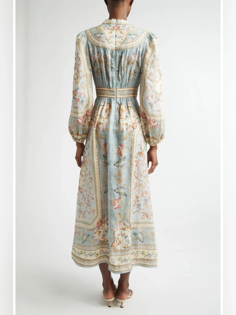 NEW: Zimmermann Roselight Plunge Long Sleeve Linen & Silk Midi Dress - US 6 (2) - Picture 3 of 4